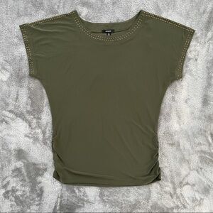 Espresso Olive Green Studded Crew Neck Cap Sleeve Top Size Small Ruched